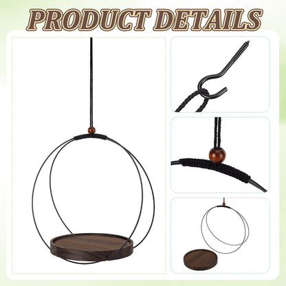 peacoblue 4 Pack Hanging Planters for Indoor Plant Hanger with Sturdy Round Wood Base, Black Metal and Hanging Potted Plant Holders for Wall Ceiling Window Planter Display(Plants/Pots Not Included)