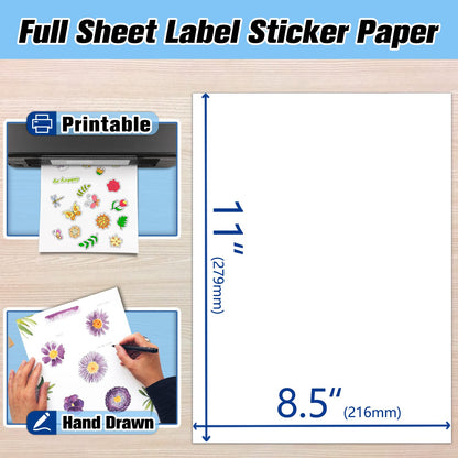 Koala 100 Sheets Sticker Paper for Regular Labels, Matte White, 8.5x11 Inch Printable Full Sheet Label Paper for Inkjet & Laser Printers