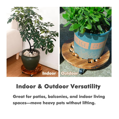 4 Pack Plant Caddy with Wheels Heavy Duty 12 Inch Wooden Plant Stand with Wheels Plant Dolly Rolling Plant Stand Plant Roller with Casters for Indoor and Outdoor with 4 Pack Plant Saucers, Round