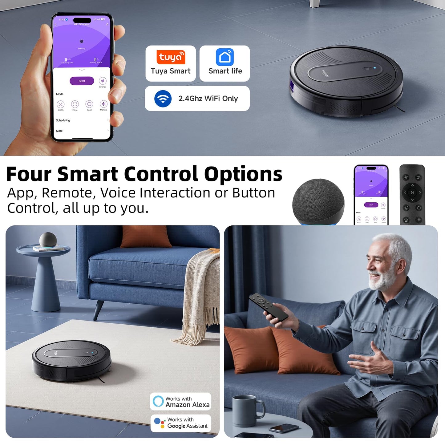 MONSGA Robot Vacuum Cleaner, 3000Pa Powerful Suction Robotic Vacuum, 3.2" Super-Slim, 140Min Runtime, Vacuum Robot for Hard Floor/Low Pile Carpet/Pet Hair, Remote/App/Voice Control, Schedule Clean