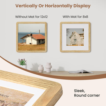 FLYJOE 12x12 Picture Frame,Solid Oak Wood 12x12 Photo Frame with Mat for 8x8 Photos,12 x 12 Wooden Frames with HD Tempered Glass,12 by 12 Wood Frame,Vertical & Horizontal Wall Hanging Display