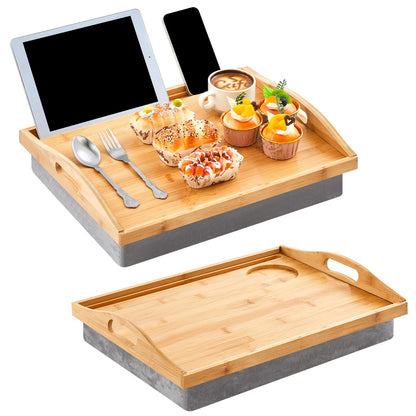 Pickmesh 2 Pcs Bamboo Lap Tray with Detachable Pillow Wood Bed Food Trays with Cushion 16.9 x 13 Inch for Adults Elderly Eating Food Breakfast Dinner in Recliner (Wood Color)