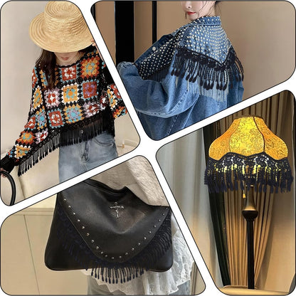 CABODYALS 5 Yards 3 5/8 Inch Wide Black Lace Fringe Trim Embroidery Trimmings Braid Fabric Polyester Crochet Floral Tassel Durable Ribbons for Sewing Making Dress Curtain Wedding DIY Craft Supply