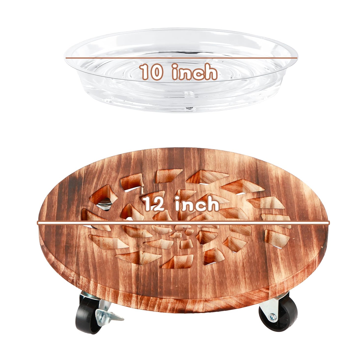 4 Pack Plant Caddy with Wheels Heavy Duty 12 Inch Wooden Plant Stand with Wheels Plant Dolly Rolling Plant Stand Plant Roller with Casters for Indoor and Outdoor with 4 Pack Plant Saucers, Round