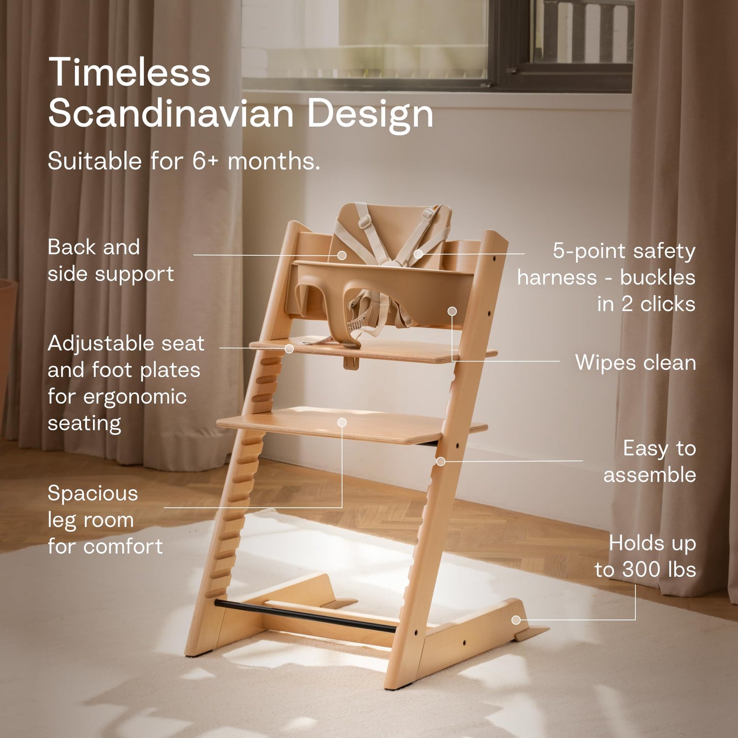 Stokke Tripp Trapp High Chair 2, Natural - Includes Chair + Baby Set with Removable Harness for Children 6-36 Months - Adjustable, Ergonomic & Easy to Clean