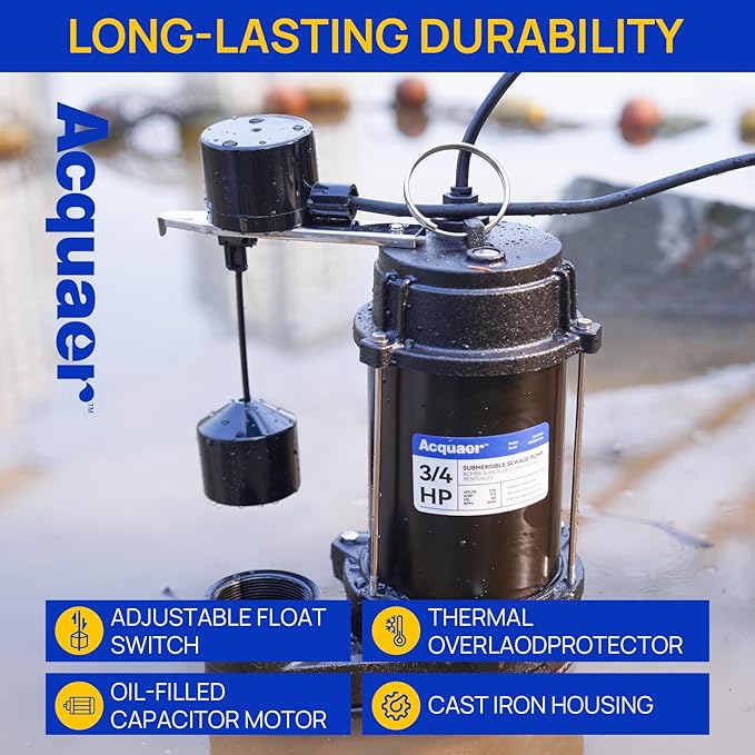 Acquaer Sewage Pump, Cast Iron, Automatic Tethered Float Switch, Sewage Effluent Pump for Sump Basin, Basement, Residential Sewage, 2'' NPT Discharge, Dark Black