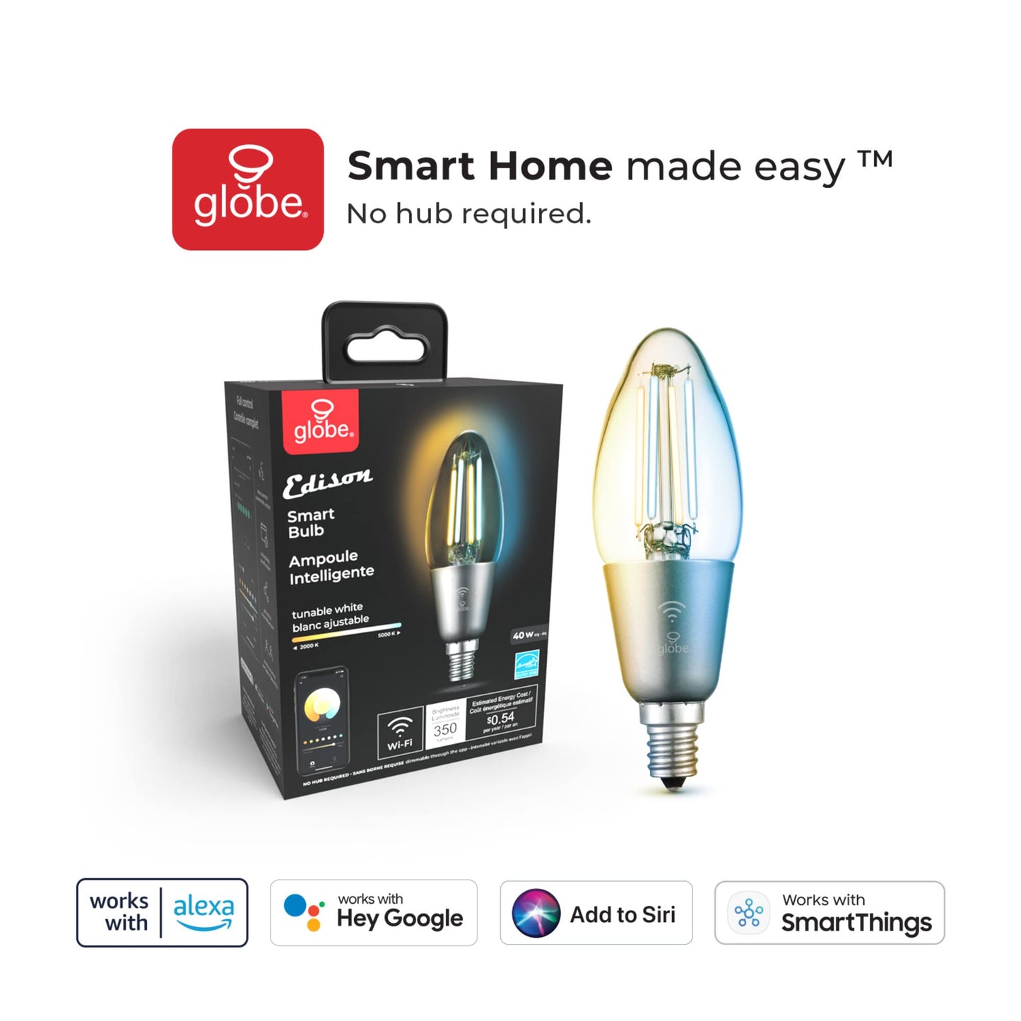 GLOBE Electric 34919 Wi-Fi Smart 5.5W (60W Equivalent) Straight Filament Tunable White Amber Glass LED Light Bulb, No Hub Required, Voice Activated, 2000K - 5000K, Vintage Edison Style, 500 Lumns