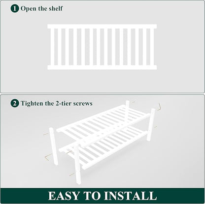 Smiry Bamboo Shoe Rack, 2 Tier Free Standing Wooden Shoe Organizer, Stackable Wood Shoe Storage Shelf for Closet, Entryway, 14 Vertical Slats, One-piece Heavy-Duty Legs, 26.8"x11"x13", White