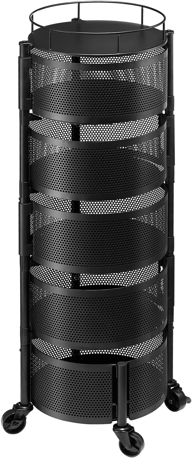 VEVOR Rotating Storage Rack Cart, 5 Tier Fruit and Vegetable Basket Bowls, Heavy Duty Wire Basket Organizer on Wheels, Large Capacity Stand with Metal Top Lid, for Kitchen Bathroom Nursery, Black