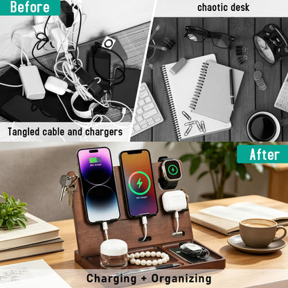 Xunhomon Wood Phone Docking Station Nightstand Organizer Charging Station with QC 3.0 & PD22.5W Fast Charger for iPhone Samsung Android Watch Airpod Anniversary Birthday Gifts for Men