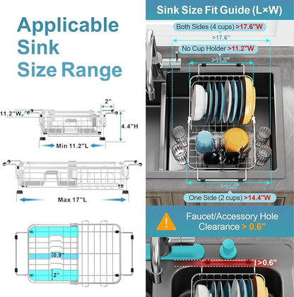 GSlife Small in Sink Dish Drying Rack - Expandable Stainless Steel Compact Over The Sink Dish Drainer with Utensil Holder for RV Kitchen Apartment, Silver