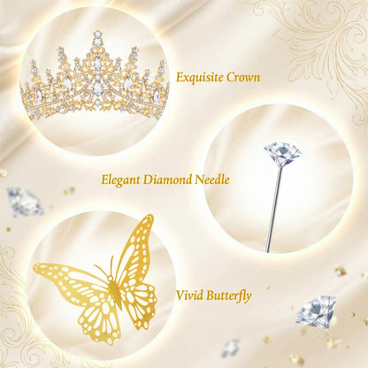 Tondiamo 63 Pcs Flower Bouquet Accessories Include 6.1 x 2.8 Inch Crystal Queen Crown Tiara for Women Bouquet Pins and Butterflies Decor for Flower Arrangements Cake Topper Wedding Birthday(Gold)