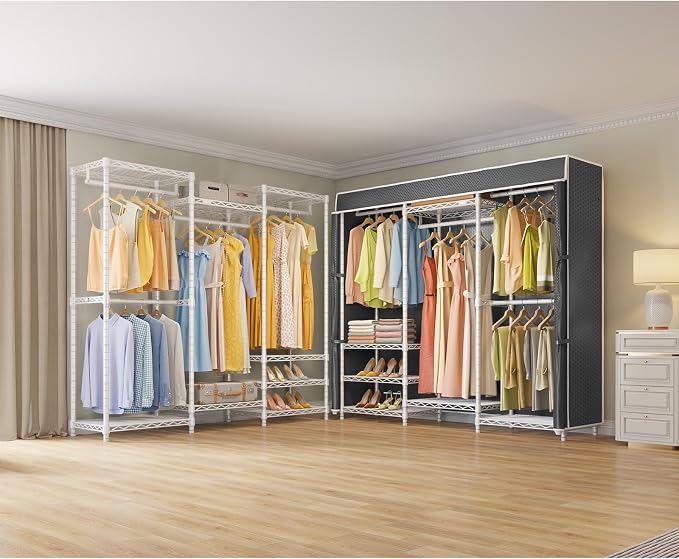 VIPEK V5C Medium Covered Clothes Rack Heavy Duty Portable Closet Wardrobe, Freestanding White Clothing Rack with Black Upgraded Polyester Cover, Adjustable Custom, 56.7" Lx15.7 Wx76.4 H