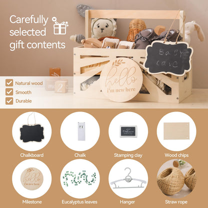 8 In 1 Wooden Baby Shower Crate Closet, Baby Basket with Handle Footprint Kit for Baby Shower Gifts, Baby Shower Wooden Gift Crate, Baby Personailzed Basket for Pregnancy New Parent