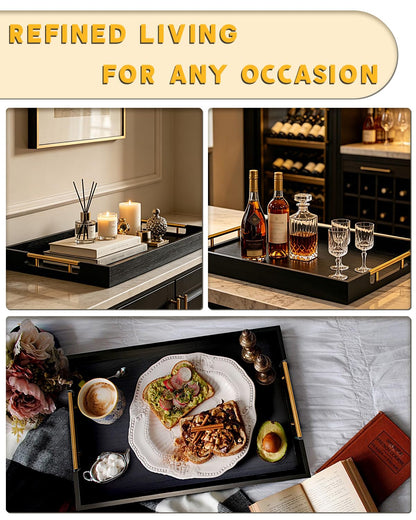OurMiao 22" x 15.75" Black Wooden Serving Tray with Gold Metal Handles, Large Rectangular Wood Ottoman Tray for Living Room, Coffee Table, Kitchen & Entertaining