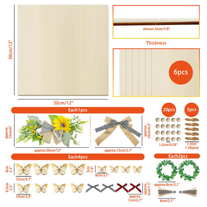 SNAIL GARDEN 6PCS Plywood Sheets with 37PCS DIY Wreath Making Kit, 12"x12" Craft Wood for Laser Cutting & Engraving, Includes Hemp Rope, Wood Beads, Bows for Home Decor Craft