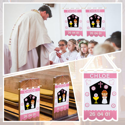 Hahafelt First Communion Banner Kit for Girls 9 x 12 Inches Pink DIY Felt First Holy Communion Banner Crafts Kits for Church Sunday School Catholic Special Events