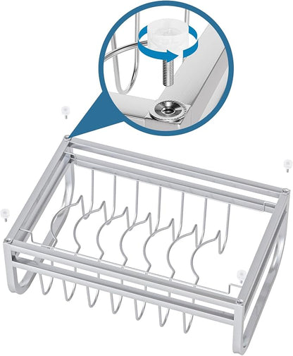 Extra Small Dish Drying Rack, 304 Stainless Steel Plate Rack for Cabinet, Dish Rack for Kitchen Counter w Cutlery Holder, Dish Drainer w Drainboard Save Space, Pot Lid Organizer for Cabinet