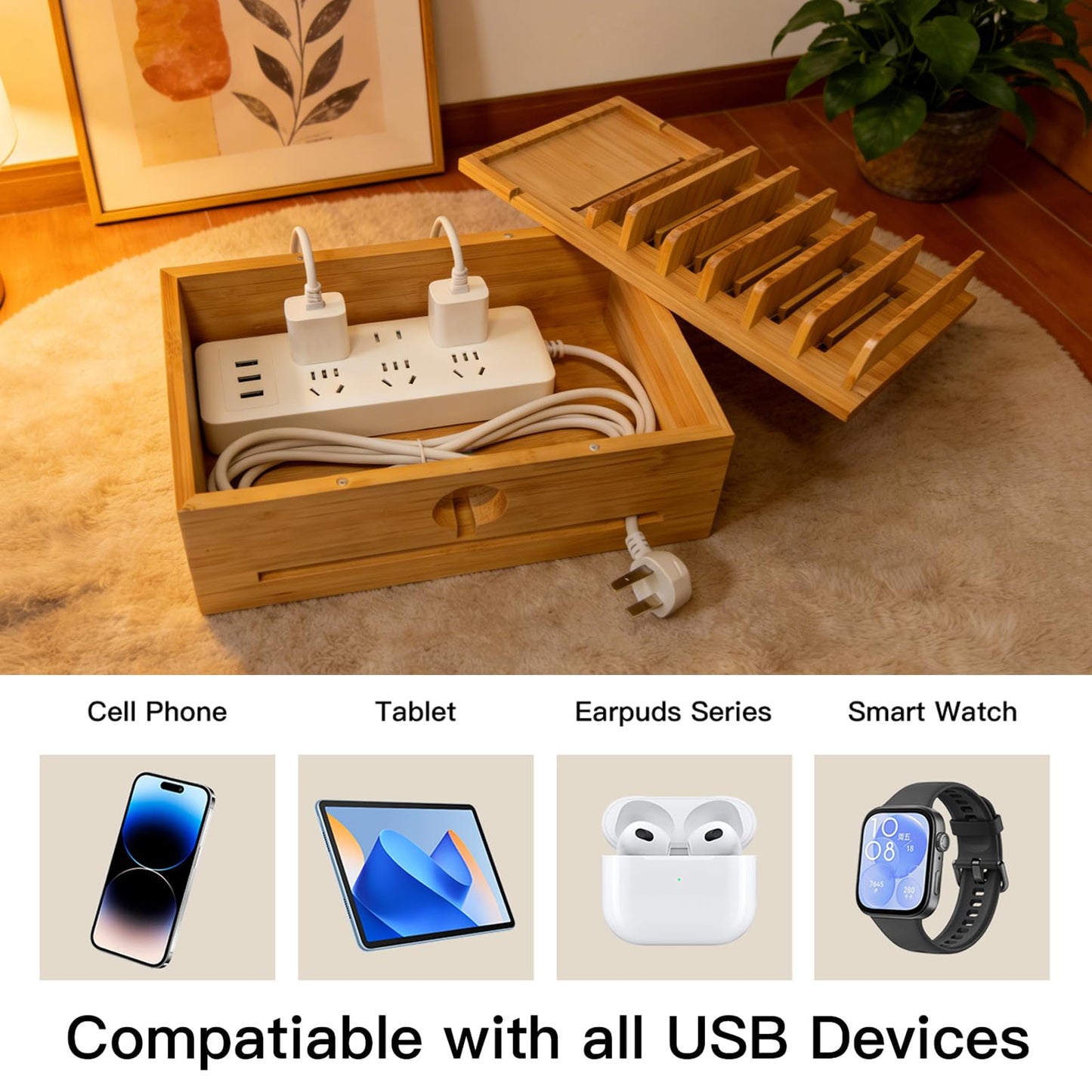 PERFECYEE Bamboo Charging Station Organizer for Multi-Devices with Tray, Nightstand Desk Electronic Organizer Stand for Cell Phone, Tablet, Etc (with 5-Cable, No USB Charger)