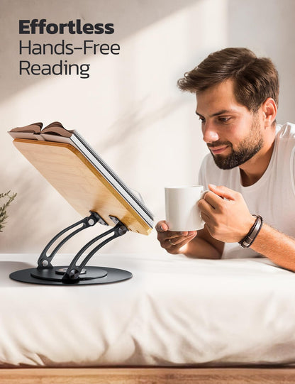 Nulaxy Bamboo 360 Rotating Book Stand for Reading, Adjustable Textbook Holder for Reading Hands-Free, Foldable Desktop Cookbook Stand with Protective Page Clips, Fits All Books - Gray