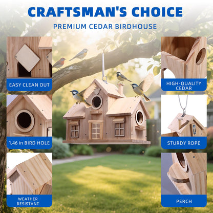 Wooden Birdhouse with Multiple Nesting Compartments, Hanging Bird House, 11.8 x 4.7 x 8.66 Inch