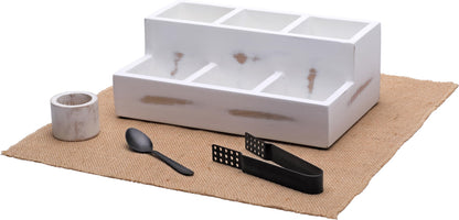 Wooden Tea Bag Organizer | Farmhouse Finish | 6-Compartment Storage | Countertop | Accessories: Tea Bag Squeezer, Natural Jute Placemat, Tea Spoon, Wooden Napkin Ring