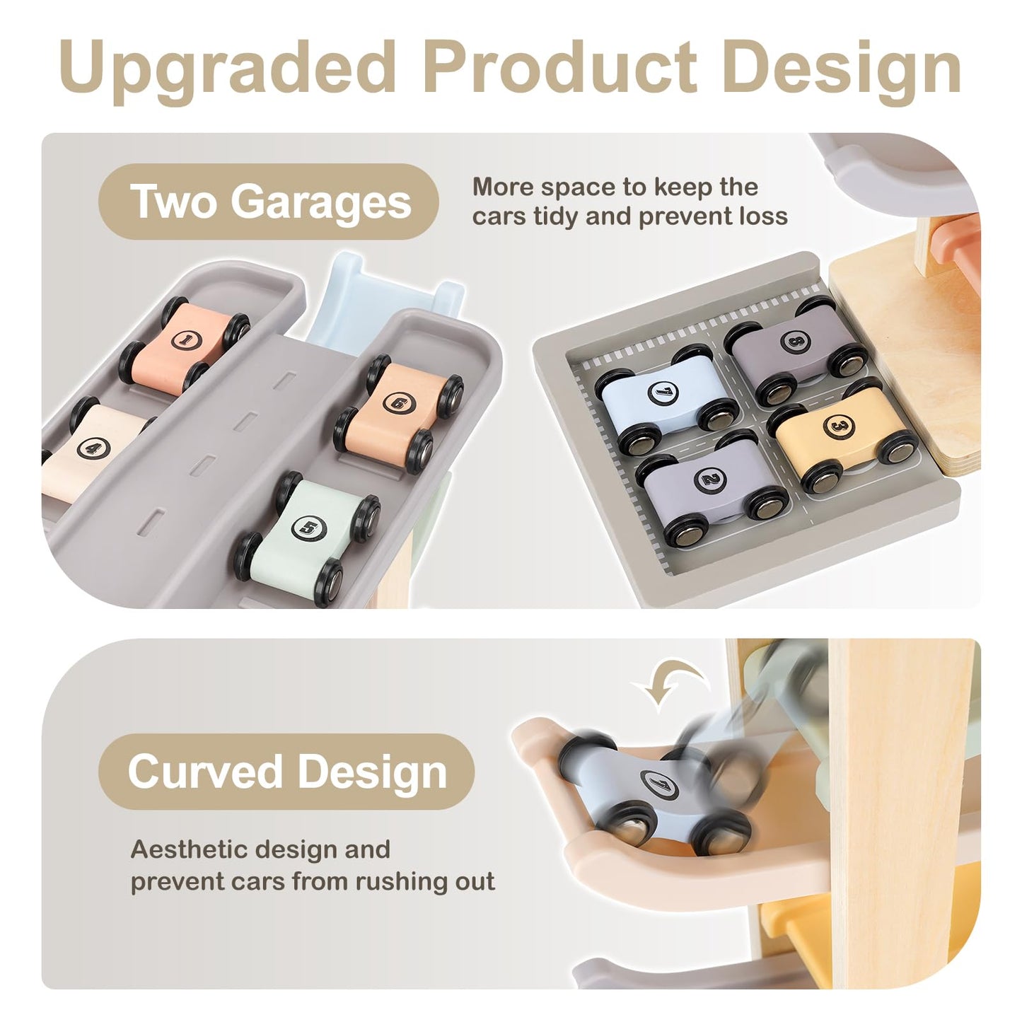 Joyreal Montessori Toddler Toys for 1 2 3 Year Old - 7 Level Wooden Car Ramp Racer Toys with 8 Mini Cars & 2 Garages - Christmas Birthday Gifts for 1-2 Year Old Boys and Girls