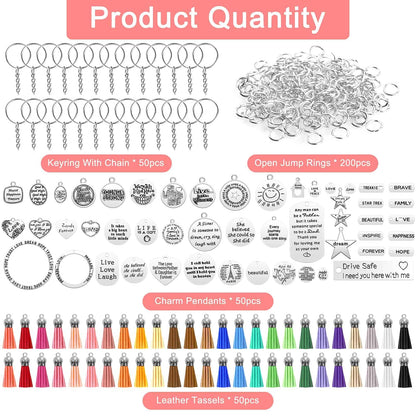 Audab 350Pcs Motivational Keychain Accessories Set with 50 Engraved Inspirational Words Charms, 50 Leather Keychain Tassels, 50 Keyring with Chain, 200 Open Jump Rings for DIY Crafting