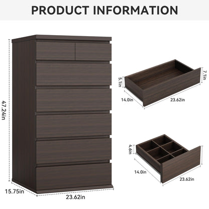 Brown Tall 7 Drawer Dresser for Bedroom, Modern Wood Closet Dressers & Chests of Drawers with Jewelry Storage, 23.6" L*15.8" W*47.5" H in Large Vertical Dresser for Bedroom, Living Room, Nursery