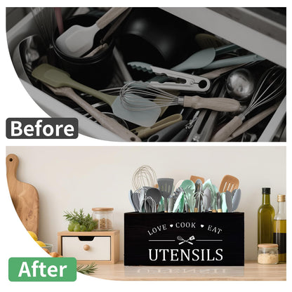 Extra Large Kitchen Utensils Holder with 4 Compartments, Wooden Storage Utensil Holder Organizer for Counter or Countertop, Farmhouse Decor, Rustic Cooking Utensil Kitchen Tool