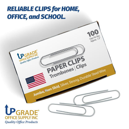 Upgrade Office Supply Jumbo Paper Clips, Non Skid, 1.9 Inch, 600 Count, 6 Boxes of 100, Silver Steel Wire Clips, Made in USA