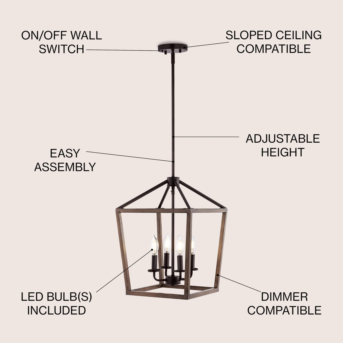 JONATHAN Y Pagoda 4-Light Iron Pendant, 13in Rustic, Bohemian, Faux Wood-Oil Rubbed Bronze, Model JYL1322A
