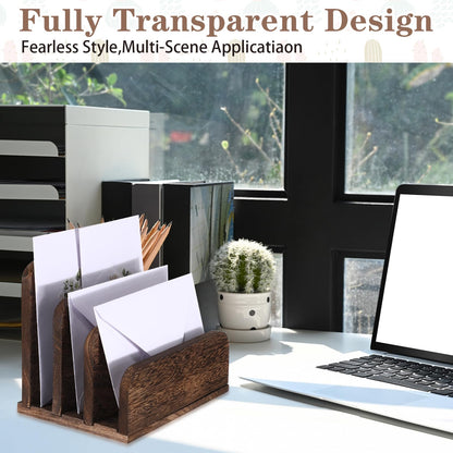 Briwooody Wooden Mail Organizer 3 Slots Mail Holder for Desk Wood File Paper Letter Holder for Letter Envelope Filing Cell Phone Document Storage, Organizer Tray for Office and Home(Dark Brown)