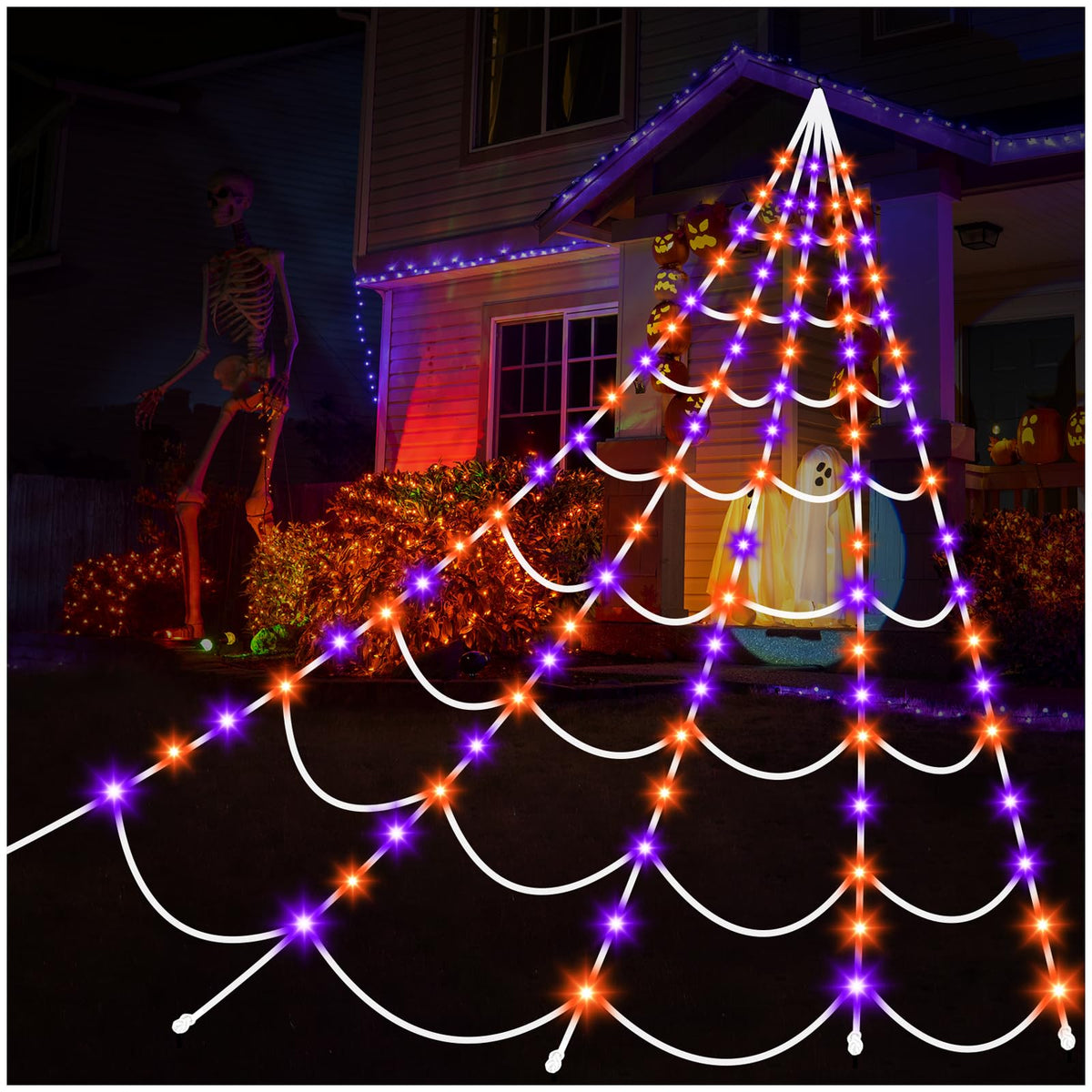 Halloween Decorations Outdoor Spiders Web Lights: 150 Purple & Orange LED Light Decor, 17.4Ft Giant Spiderweb with 8 Lighting Modes Waterproof & Timer, Yard Spider Web Decoration