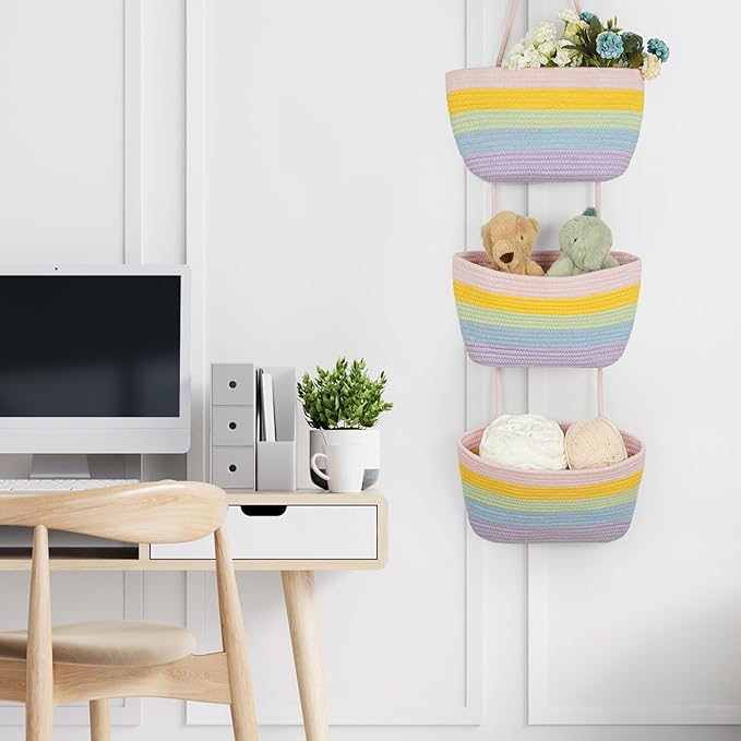 TeoKJ Over the Door Organizer, 3-Tier Woven Cotton Hanging Storage Baskets