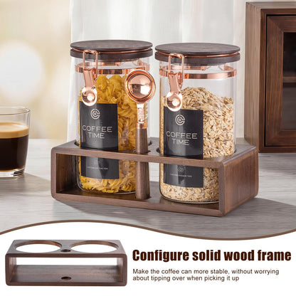 Flmeyaza Glass Coffee & Sugar Canister Set, 2×45OZ Airtight Glass Storage Jars with Wooden Shelf and Scoop, Airtight Food Containers for Coffee Beans, Ground Coffee, Sugar and Tea（Rose Gold）