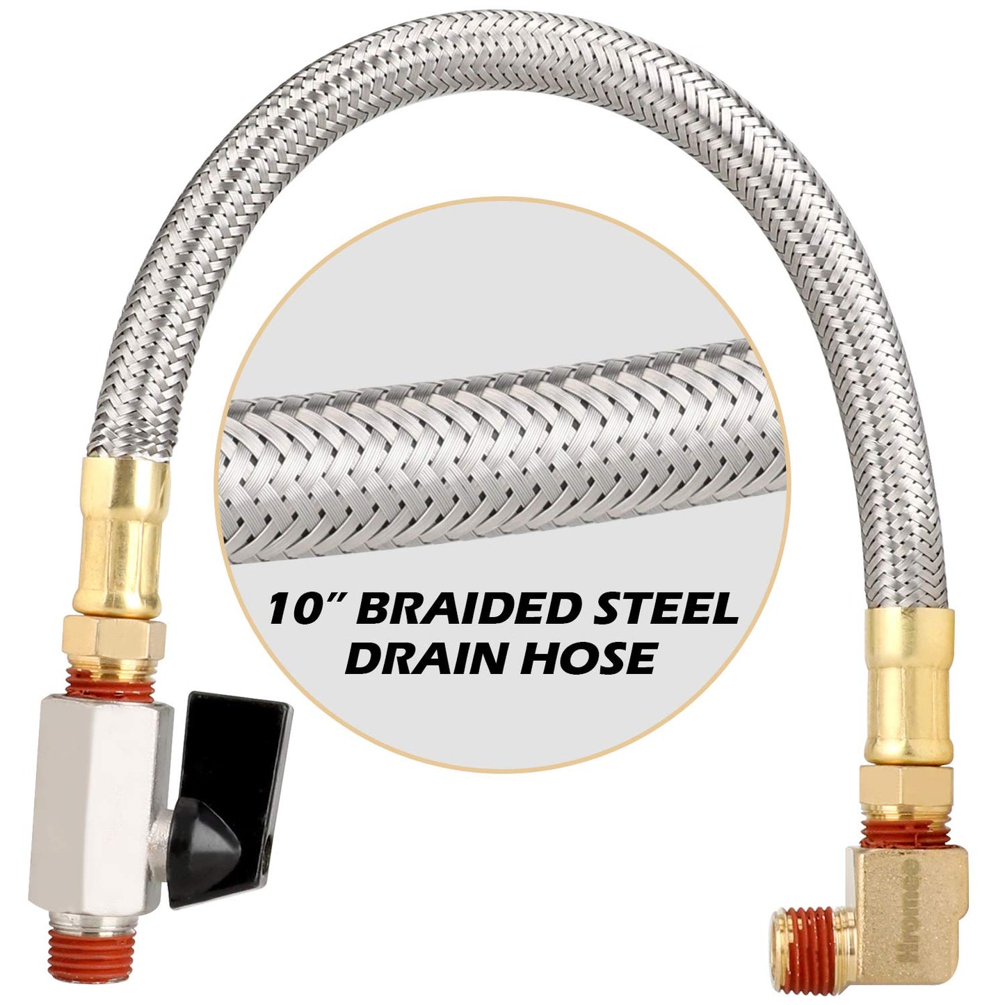 Hromee Extended Tank Drain Assembly Kit with 10 Inch Braided Steel Hose 1/4 Inch Drain Valve and Elbow Fitting for Air Compressor