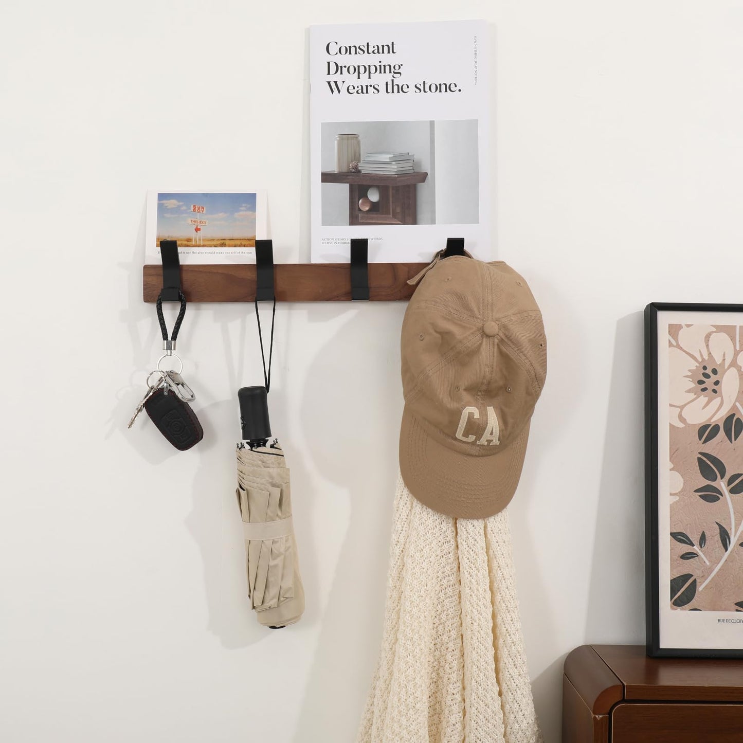 Jadorn Coat Rack Wall Mount - 15.7 Inches Walnut Wood Coat Hooks Coat Rack Wall Mount with 4 Hooks Black Aluminum Coat Hooks for Hanging Coat Hat Bag Hat Rustproof Coat Hanger