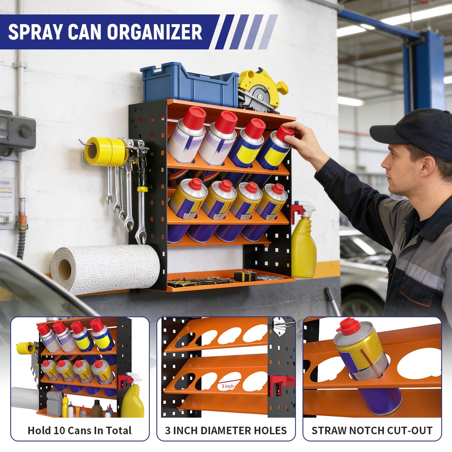Wall Mount Spray Can Holder, Aerosol Spray Bottle Holder Storage Rack, Heavy-Duty Paint Bottle Organizer with 8 Can Holes & 4 Steel Hooks, 4 Plastic Hooks for Garage, Shop, Home or Tool Trailer