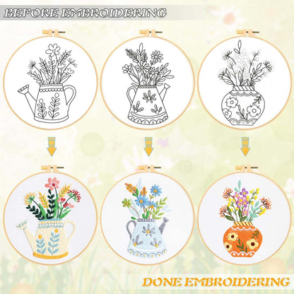 GLTAYLMY 3pcs Embroidery Starter Kit with Vase Pattern, Stamped Cross Stitch Kits for Beginners Adults with Embroidery Hoop and Instructions, Hand Embroidery Kit