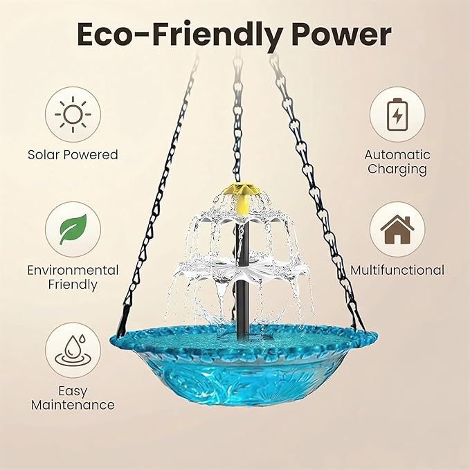 Hanging Solar Bird Bath Fountain with Water Pump, Plastic Basin, 4 Nozzles, Sturdy Metal Chains, Outdoor Garden Decor (Cannot Spray Water, Blue)
