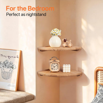 Gieanoo Floating Corner Shelves for Wall Set 2 16inch Solid Oak Rounded Corner Shelves Wall Mounted with Cable Hole Wood Corner Hanging Shelves for Living Room Bedroom Bathroom Kitchen