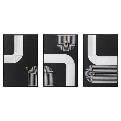 AMAATE 3 Pieces 3D Sandstone Wall Art, Black Metal Framed Abstract Geometric Wall Decor with Gold Spheres, Black White Texture Luxury Relief Paintings for Living Room Bedroom Office, 16x24 Inches, Ready to Hang