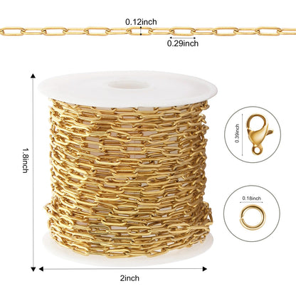 Kyutong 5M Gold PVD Plated Necklace Chain for Jewelry Making 304 Stainless Steel Paperclip Chain Roll with Lobster Clasps and Jump Rings for Men Women Making Jewelry Craft Support Jewelry Findings