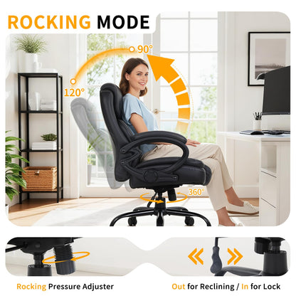 BestOffice Big and Tall Heavy Duty Office Chair 400lbs Wide Seat Ergonomic Computer Desk Chair with Arms and Lumbar Support High Back PU Leather Executive Task Computer Chair for Back Pain, Black