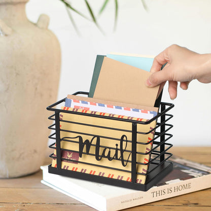 MOSUYO Mail Holder, Acacia Wood & Sturdy Metal Mesh Letter Caddy,2-Slot Desktop Organizer for Desk Home Office