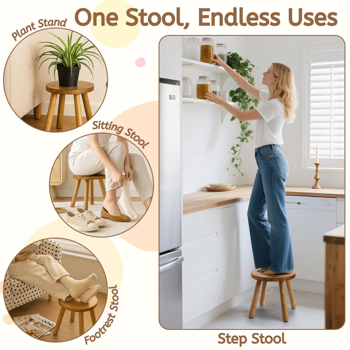 Youeon 12 Inch Round Solid Wooden Step Stool, Non-Slip One Step Stool for Adults, Holds up to 300 Lbs, Portable & Sturdy, Footstool for Bedroom, Bathroom, Kitchen, Easy to Assemble