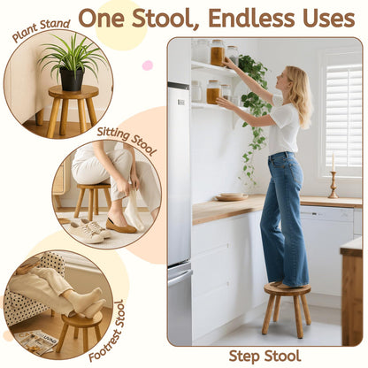 Youeon 12 Inch Round Solid Wooden Step Stool, Non-Slip One Step Stool for Adults, Holds up to 300 Lbs, Portable & Sturdy, Footstool for Bedroom, Bathroom, Kitchen, Easy to Assemble