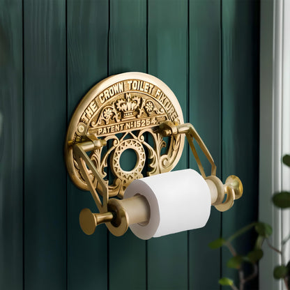 Bright Brass Wall Mount Toilet Paper Holder 7.25" Wide Vintage Crown Style Solid Brass Easy Install Toilet Tissue Paper Holders with Wooden Roll for Bathroom | Renovators Supply Manufacturing