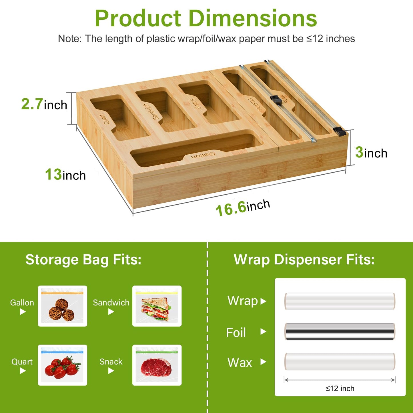 KOCWELL Bag Organizer and Plastic Wrap Dispenser with Cutter, 6 In 1 Bamboo Foil and Plastic Wrap Organizer for Kitchen Drawer, Food Storage Bag Organizer for Gallon,Quart,Sandwich,Snack(Yellow)